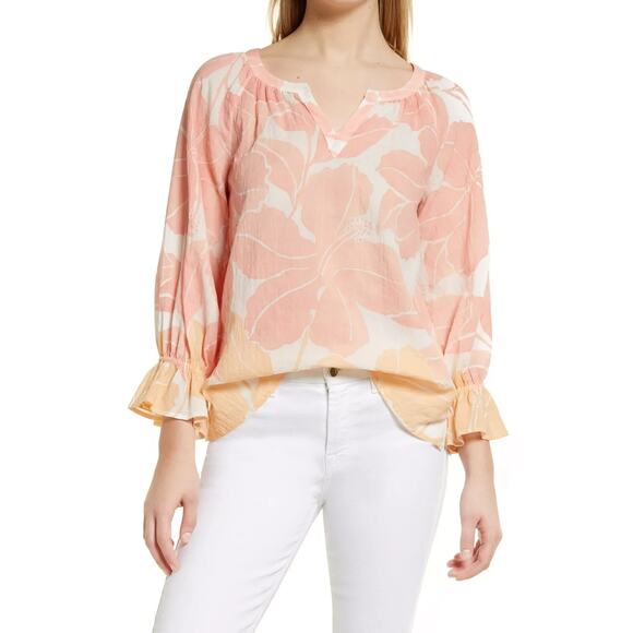 Tommy‎ Bahama Hibiscus Blouse Soft Pink Orange Small Petite Vacation Travel Pool - Picture 1 of 9